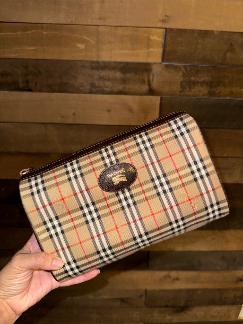 Burberry Tan Plaid Zip Cosmetic Pouch with Brown Trim
